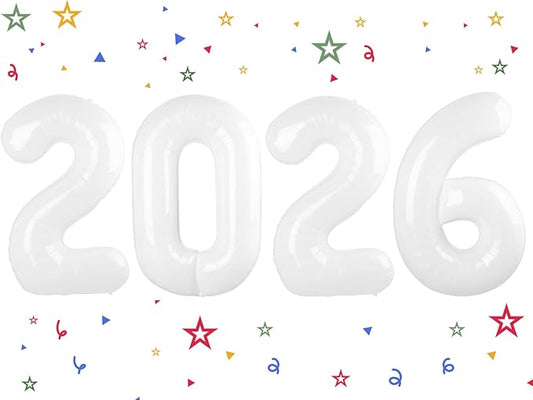 2026 Balloon - White Birthday Number Balloons, 40 Inch Large Foil Balloons for Men Women Boys Girls White Themed Birthday Decorations，Number 2026 Balloon