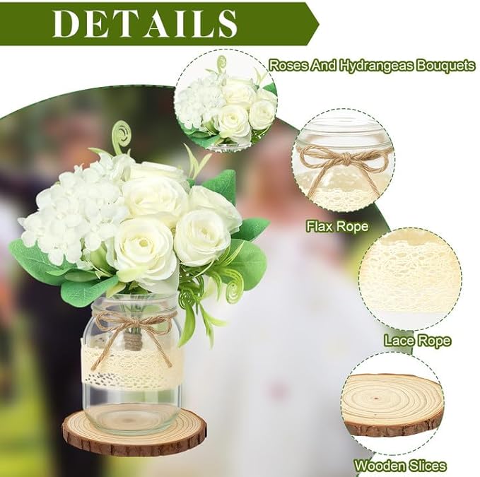 Set 6 Mason Jar Table Centerpiece - Wedding Centerpieces for Tables, Mason Jar Flower Centerpiece Vases Decor- Boho Farmhouse Rustic for Engagement, Bridal Shower, Wedding, Versatile Decor (White)