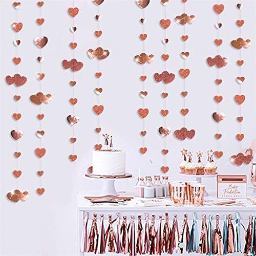 Valentines Day Party Decorations Rose Gold Heart Garland Hanging Paper Love Heart Streamer Banner for Anniversary Mothers Day Bachelorette Engagement Wedding Bridal Shower Birthday Hen Party Supplies
