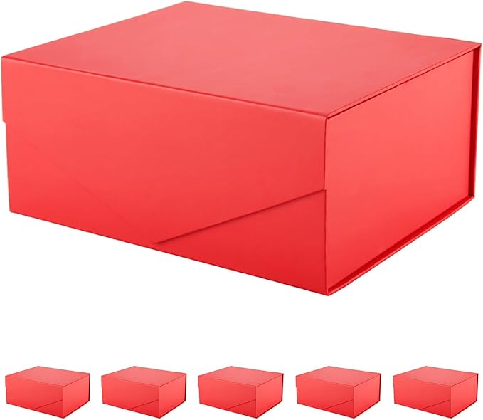 PACKHOME 6 Christmas Gift Boxes 9x6.5x3.8 Inches, Rectangle Collapsible Boxes with Magnetic Lids for Xmas Gift Packaging (Matte Red, Grain Texture)