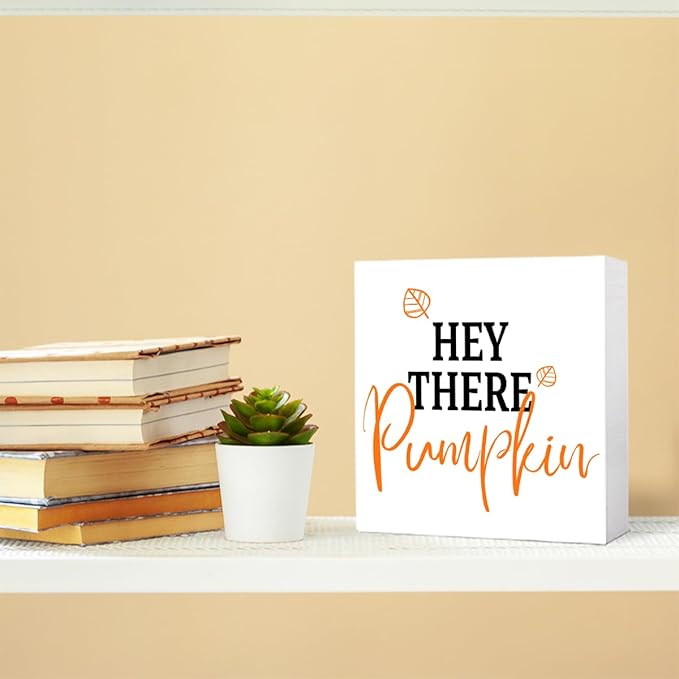 Funny Autumn Maple Leaves Wood Box Sign Hey There Pumpkin Wooden Block Desk Decor for Home Office Kitchen Cubicle Table Shelf Tabletop,Farmhouse Fall Sign Decor