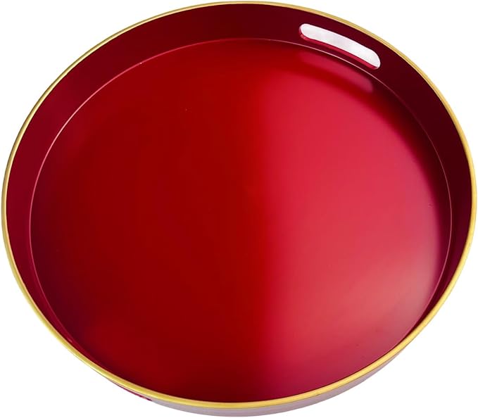 13" Round Decorative Tray, Red Serving Tray with Handles, Plastic Coffee Table Tray for Ottoman, Living Room, Bathroom, Décor.