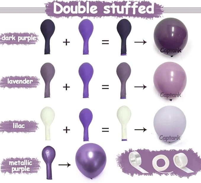 Purple Balloon Arch Kit Double Stuffed Latex Lavender Lilac Balloon Garland For Birthday Baby Shower Graduation Prom Sweet 16 Encanto Wednesday Addams Decoration