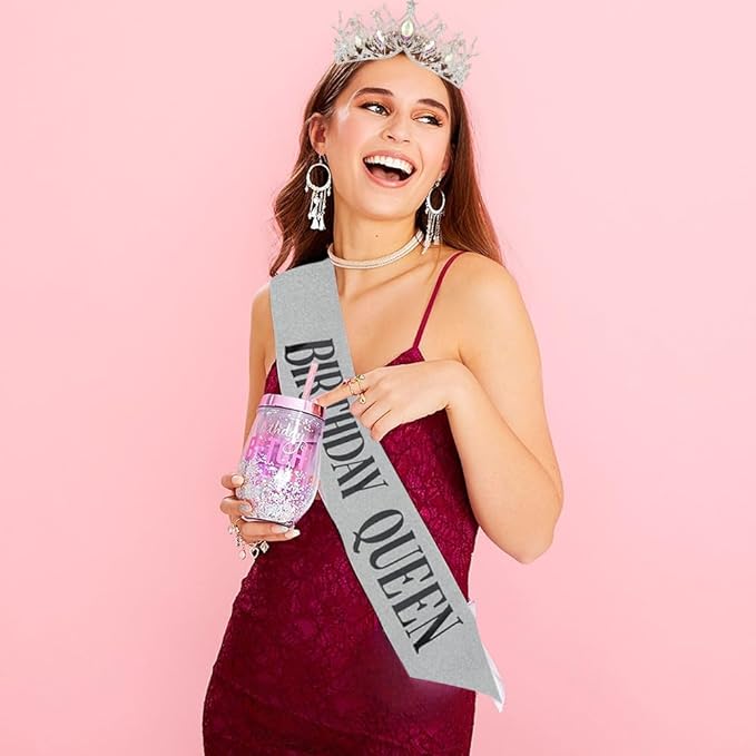 AOPRIE Birthday Queen Sash for Women Girls Birthday Tiara & Crowns for Girls Birthday Headbands for Women Happy Birthday Accessories Favor Supllies Black Silver, 2 Pack