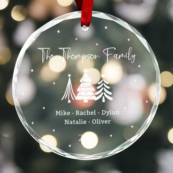 Personalized Round Christmas Crystal Glass Ornaments Custom 2025 Name Ornament for Tree Decor Customized First Christmas Tree Hanging Gifts for Family Friends