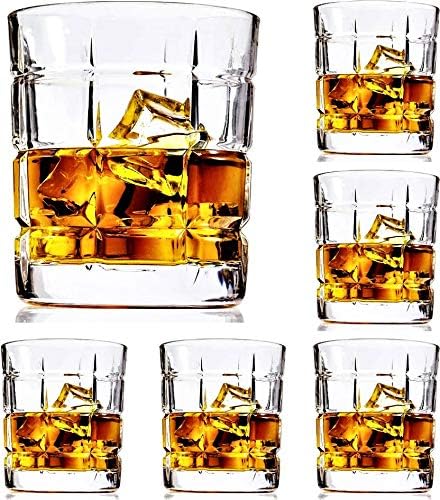 Premium Crystal Whiskey Glasses Set of 6 Large Lead-Free Crystal Glass Tasting Cups Scotch Glasses Tumblers for Drinking Irish Whisky Bourbon Tequila (Square Pattern, 6*10.8oz)