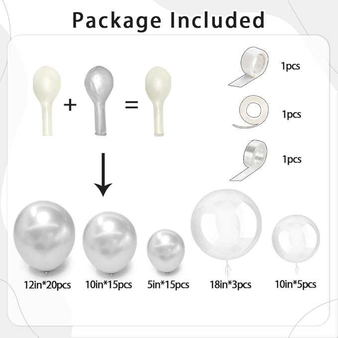 Pearl Silver Balloon Arch Double Stuffed Pearl Metallic Silver Balloon Garland Kit Different Sizes 12/10/5in With Clear Bobo Balloons for Birthday Wedding Bridal Baby Shower Graduation Party Decor