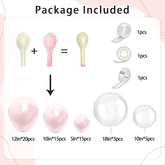 Pearl Pink Balloon Arch Double Stuffed Pastel Light Baby Pink Balloon Garland Different Sizes 12/10/5in With Clear Bobo Balloons for Birthday Wedding Bridal Baby Shower Engagement Party Decor