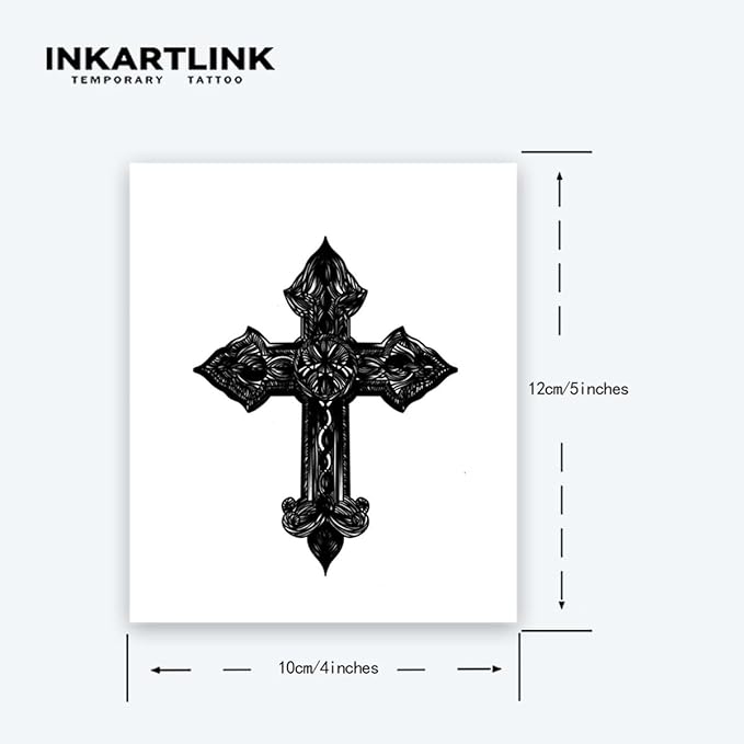 INKARTLINK Tattoo Tech, 2 Sheets Large Semi Permanent Tattoo, Adult Art Design Temporary Tattoos, Lasts 1-2 Weeks, Waterproof, Realistic Look, No Adhesive, No Reflection (Black Cross Design)