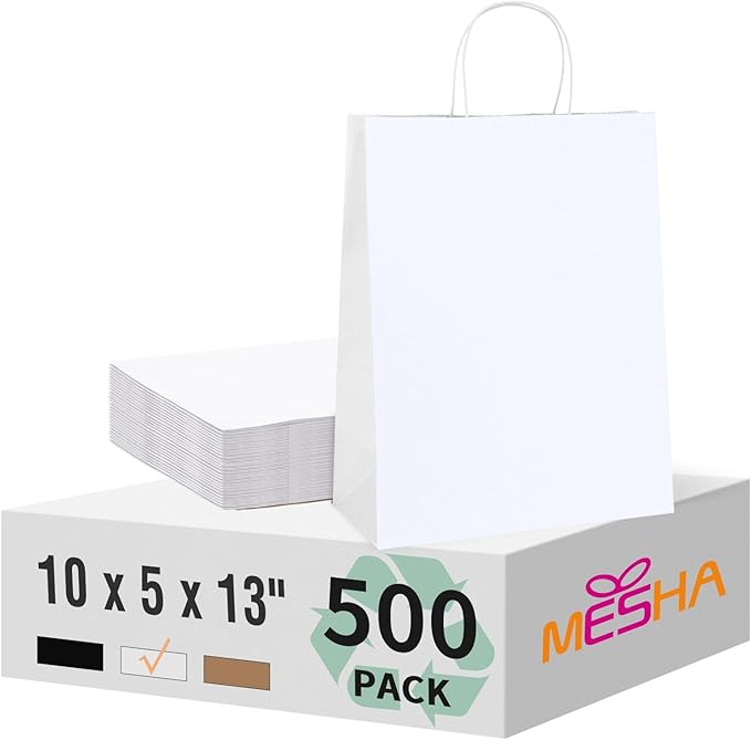 MESHA Gift Paper Bags 500 PACK 10X5X13 White Large Shopping Kraft Bags Bulk with Handles Reusable for Business,Grocery,Birthday,Wedding,Kids Party,Favors