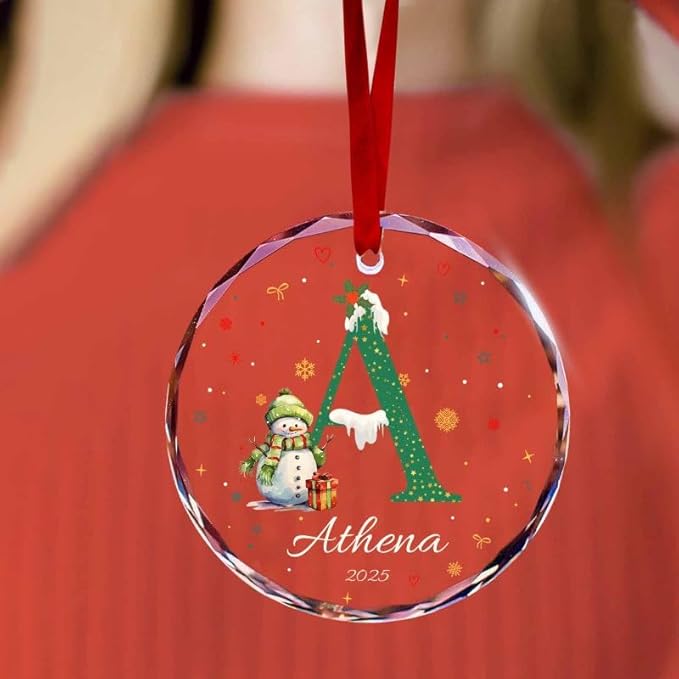 Personalized Round Christmas Crystal Glass Ornaments Custom 2025 Name Ornament for Christmas Tree Decor Customized Smowman Tree Hanging Gifts for Family