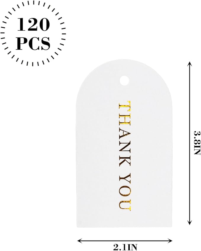 SallyFashion 120PCS Thank You Gift Tags, White Gold Stamping Tags Hanging Labels with Ribbon for Party Favors Birthday Baby Shower White