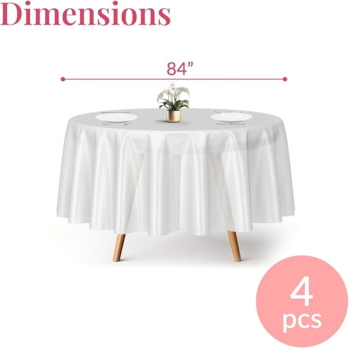 Prestee 4-Pack 84-Inch White Round Plastic Tablecloth Disposable - Durable Waterproof Table Covers for Weddings, BBQ, Parties, Outdoor Events - Elegant White Plastic Tablecloths Round for Any Occasion