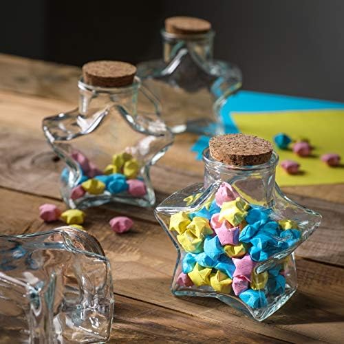 WHOLE HOUSEWARES | Star Shaped Glass Favor Jars with Cork Lids | Set of 6 | 10oz Glass Wish Bottles with Personalized Heart Shaped Label Tags and String (6)