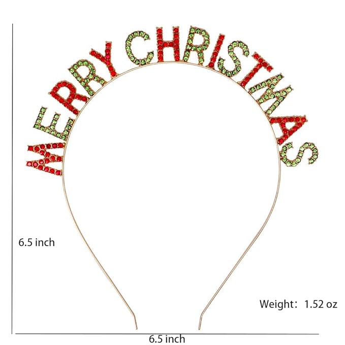 Merry Christmas Rhinestone Headband for Women Girls, Xmas Crystal Hair Hoop Christmas Party Hair Accessories Gift (Red-green)