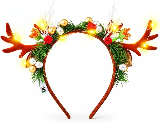 JONKY Christmas Headband Light up Reindeer Antlers Headpiece Xmas Party Costume Hair Accessories for Women