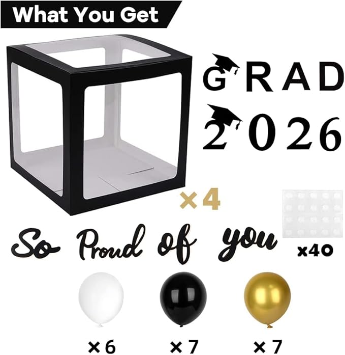 2026 Graduation Party Decoration Black Balloon Boxes with Letters 2026 Grad & So Proud of You and 20 pcs Ballons