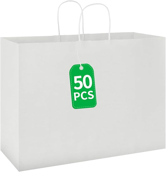 bagmad 50 Pack 16x6x12 Inches Large White Kraft Paper Bags with Handles Bulk for Shopping Wedding Grocery Retail Merchandise Business Craft Gift Bags(50 Count)