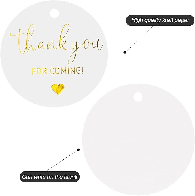 G2PLUS Thank You Tags, 100PCS Thank You for Coming Tags, 2'' Round Gift Tag, White Paper Gold Foil Gift Tag with String for Wedding, Birthday Party Favors