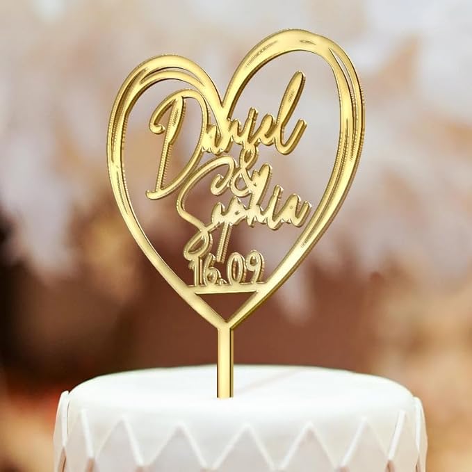 Personalized Cake Topper - Wedding Decoration, Anniversary Keepsake, Engagement Gift for Couple - Couple Name With Heart Anniversary Wedding Date