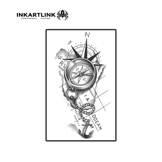 INKARTLINK Semi Permanent Tattoos, Temporary Tattoos, Adult Art Designs, Party Favors, Waterproof, Realistic, No Adhesive, No Reflective, Lasts 1-2 Weeks, Extra Large (Compass)