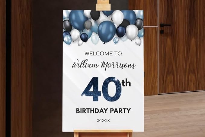 Editable Any Age Balloons Birthday Welcome Sign - Adult Birthday Welcome Sign - Blue & White - Birtday Yard Signs