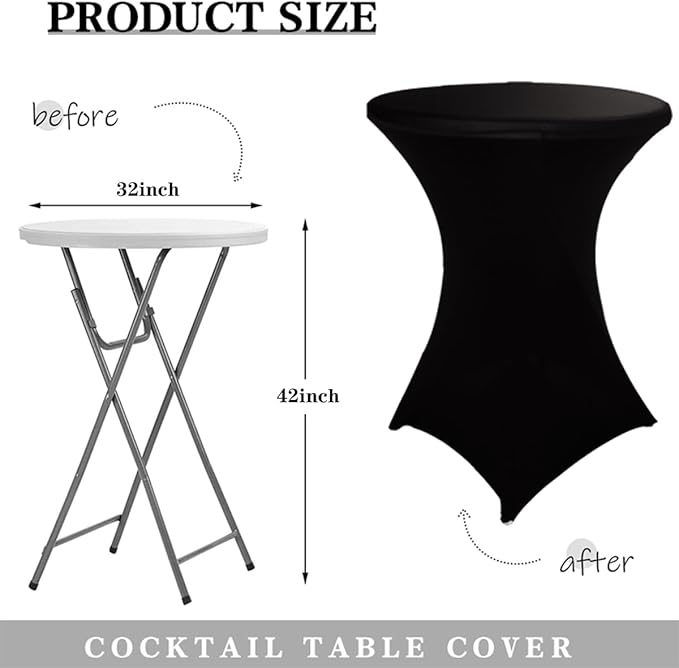 HAORUI Spandex Cocktail Table Covers, 2 Pack Fitted Round Highboy Stretch Table Cloths for Party, Bar, Wedding, Birthday, Banquet (Black, Fit for 30-32" Diameter x 42" Height Tables)