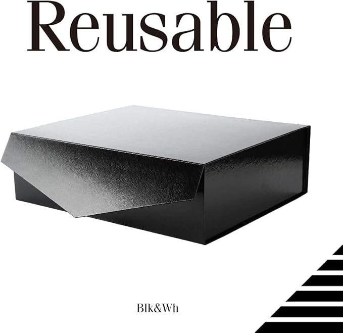 BLK&WH Extra Large Gift Box with Lid 16.3x14.2x5 Inches, Black Gift Box for Clothes and Large Gifts (Glossy Black with Grass Texture)