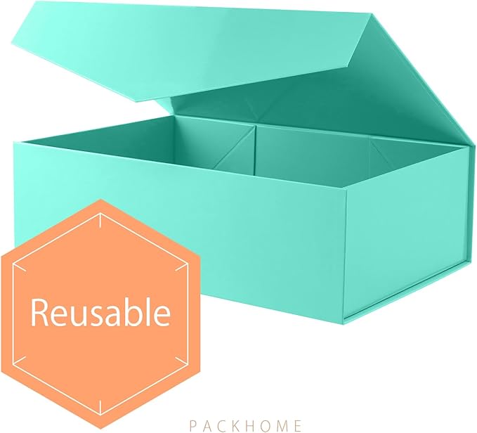 PACKHOME Large Gift Box with Lid 13.5x9x4.1 Inches, Sturdy Collapsible Gift Box with Magnetic Closure (Glossy Green)