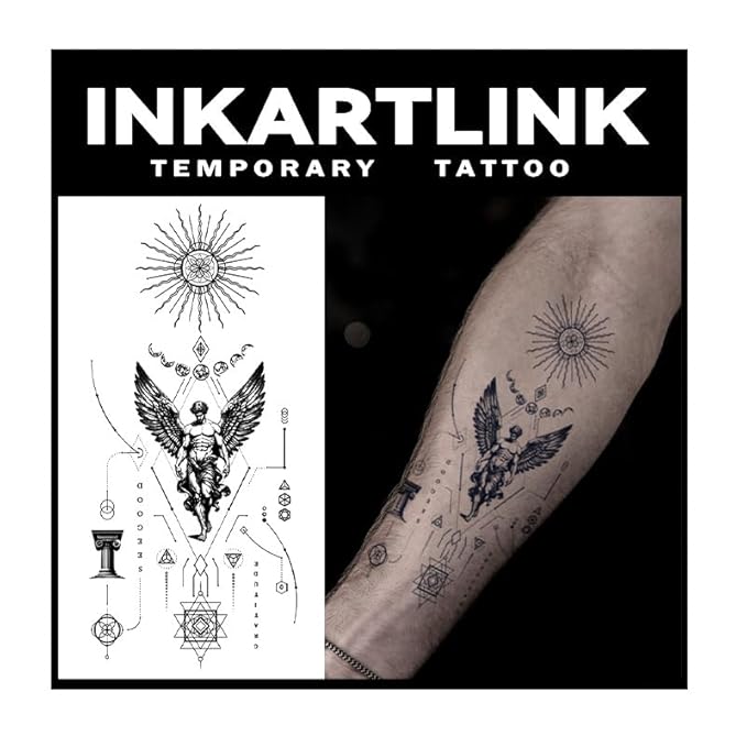 INKARTLINK Tattoo Tech, 2 Sheets Large Semi Permanent Tattoo, Adult Art Design Temporary Tattoos, Lasts 1-2 Weeks, Waterproof, Realistic Look, No Reflection (Winged Figure & Symbols)