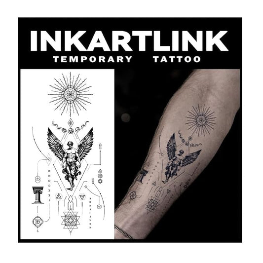 INKARTLINK Tattoo Tech, 2 Sheets Large Semi Permanent Tattoo, Adult Art Design Temporary Tattoos, Lasts 1-2 Weeks, Waterproof, Realistic Look, No Reflection (Winged Figure & Symbols)