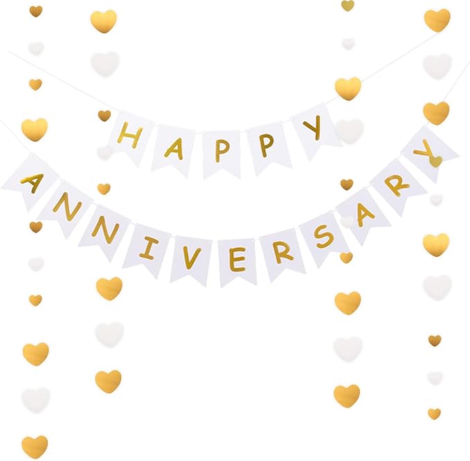 Happy Anniversary Banner Balloons Wedding Love Party and Background Indoor Outdoor Decorations (Gold White Heart)