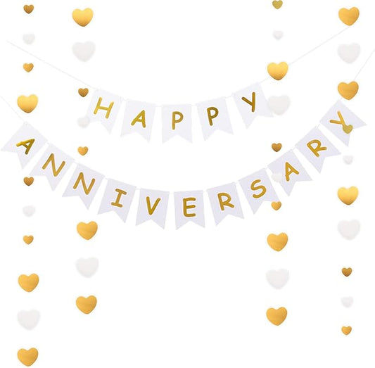 Happy Anniversary Banner Balloons Wedding Love Party and Background Indoor Outdoor Decorations (Gold White Heart)