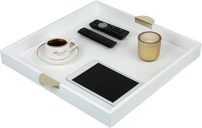 HofferRuffer Faux Leather Decorative Serving Tray, Elegant Coffee Table Ottoman Tray, Breakfast, Drinks, Liquor Serving Platter, White Croco Finish with Gold Hardware Handle (Square)