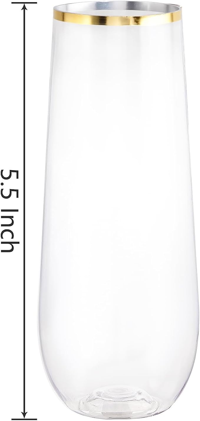 SUT 36PCS Stemless Plastic Champagne Flutes, 9 Oz Gold Rim Clear Plastic Toasting Glasses Shatterproof Cocktail Cups Mimosa Cups Stemless Glass Glasses Disposable for Wedding Parties & Shower