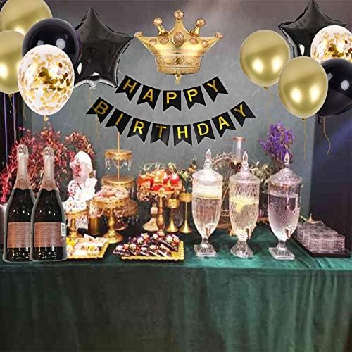 Birthday Party Decorations KIT - Happy Birthday Banner, Gold Crown Balloon Gold and Black Latex Balloons, Perfect Party Supplies