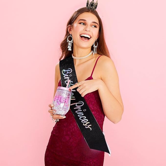 Birthday Princess Sash for Women Tiara & Crowns Headbands for Girls Happy Birthday Party Accessories Favor Supllies Leona Gold Black Pink, 2 Pack