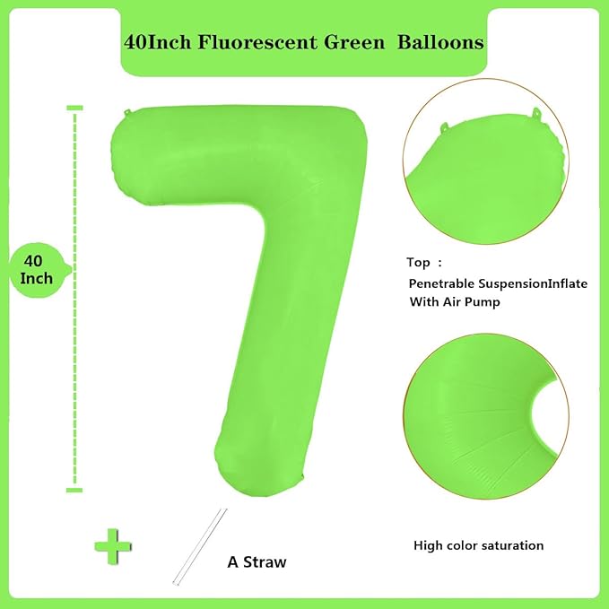Fluorescent Green Number Balloon 40 inch Giant Foil Helium Balloons Green Number 7 Balloon for 7th Birthday Party Decorations