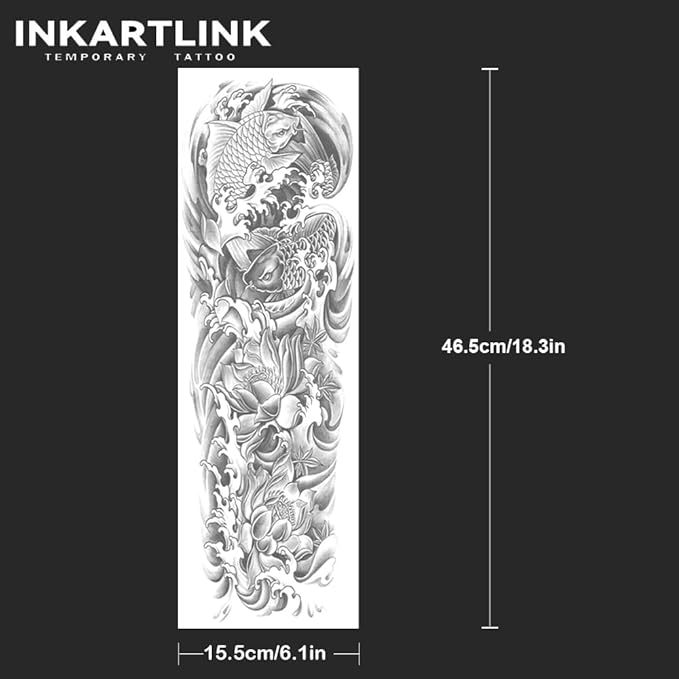 INKARTLINK Semi Permanent Tattoo, 2 Pieces Full Arm Large Size Art Party Tattoos, Comes with a Pair of Anti-Transfer Sleeves, Lasts 7-15 Days, Waterproof and Anti-Reflective (Koi, Lotus)