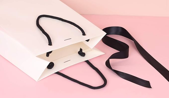 PAPERIST 10pcs Elegance Gift Bag with Satin Bows Ribbon, Sturdy Durable Thick Gift Bag, White gift bag with Black handle and Ribbon, Gift bag for Wedding, Christmas, Birthday Party, Bridal Shower
