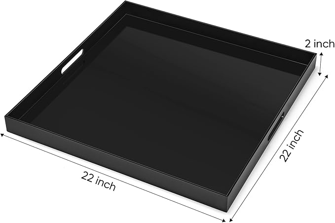 22×22 inches Oversized Black Acrylic Ottoman Tray Extra Large Decorative Tray Spill-Proof Serving Trays with Handles King-Size Safe Edge Organizer for Coffee Table Countertop Breakfast