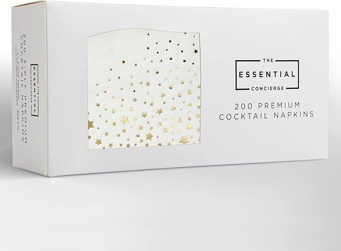 The Essential Concierge 200 Count Gold Star Cocktail Napkins, 3-Ply Paper, 5x5 Inch, Gold