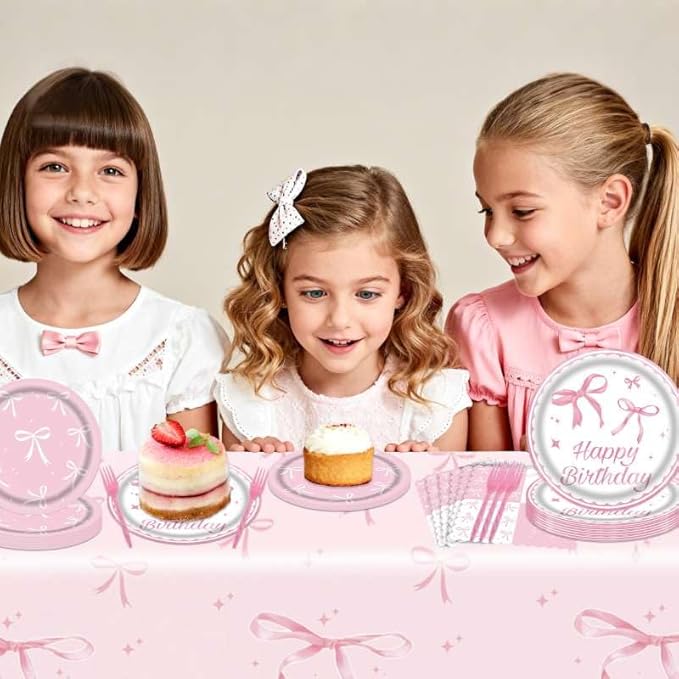 101Pcs Bow Birthday Decorations Pink Bow Themed Party Tableware Set-Paper Plates and Napkins,Forks,Pink Bow Tablecloths for Baby Shower Party,Girls Birthday Party,Serves 25 Guests