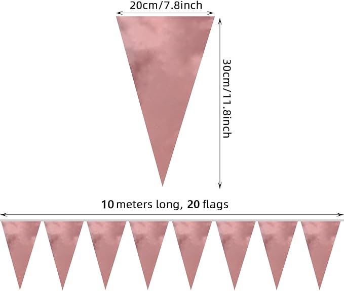 40M/130FT Rose Gold Triangle Pennant Banner Flag Metallic Fabric Bunting Garland for Christmas Wedding Birthday Anniversary Bridal Shower Engagement Graduation Hen Party Decorations Supplies