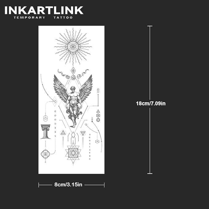 INKARTLINK Tattoo Tech, 2 Sheets Large Semi Permanent Tattoo, Adult Art Design Temporary Tattoos, Lasts 1-2 Weeks, Waterproof, Realistic Look, No Reflection (Winged Figure & Symbols)