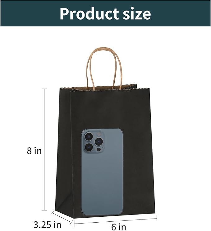 Joybe 300 Pack 6x3.25x8 Inch Small Black Paper Bags with Handles Bulk, Kraft Paper Gift Bags for Birthday Party Favors Grocery Retail Shopping Business Goody Merchandise Craft Blank Sacks (300pcs)