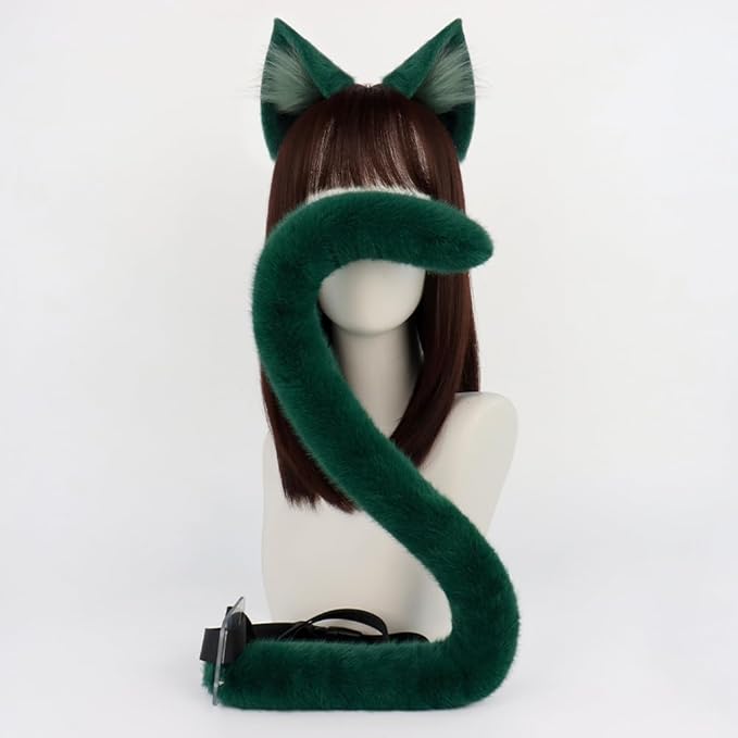 QinRuan Animal Cosplay Costume Accessories Furry Faux Fur Cat Ears Headband and Fox Tail Set Halloween Accessory