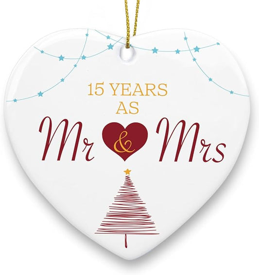 15 Years as Mr Mrs Wedding Christmas Ornament 15th for Him Her Husband Wife Couple Christmas Married Heart Ceramic Xmas Tree Ornament Decorations