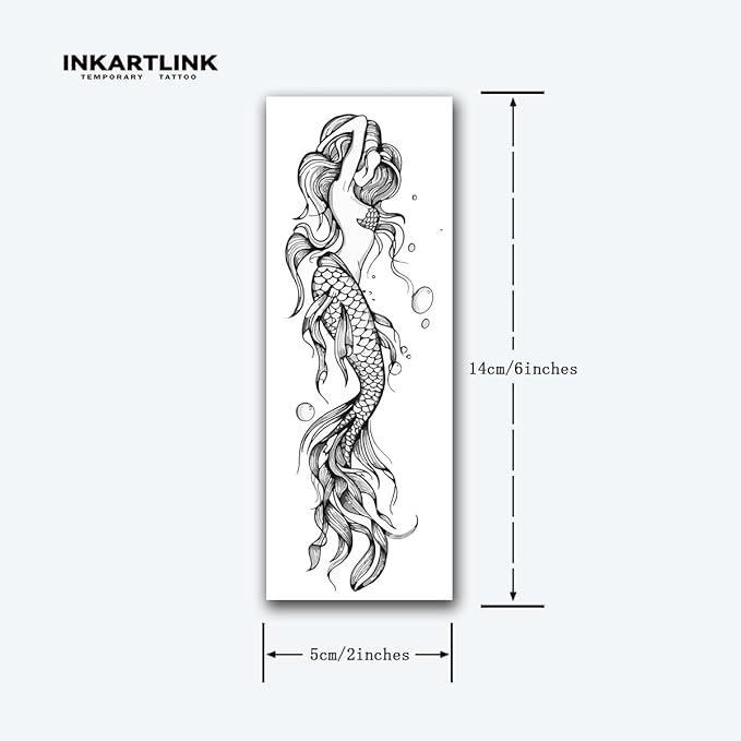 INKARTLINK Tattoo Tech, 2 Sheets Medium Semi Permanent Tattoo, Adult Art Design Temporary Tattoos, Lasts 1-2 Weeks, Waterproof, Realistic Look, No Adhesive, No Reflection (Just like a Mermaid Design)