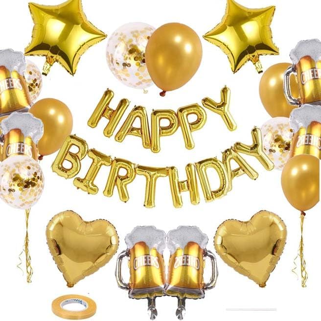 27Pcs Gold Beer Birthday Party Decorations Kit 16 Inch Happy Birthday Balloon Banner Beer Pentagram Heart Balloons Confetti Latex Balloons for Women Men Party Decoration Supplies